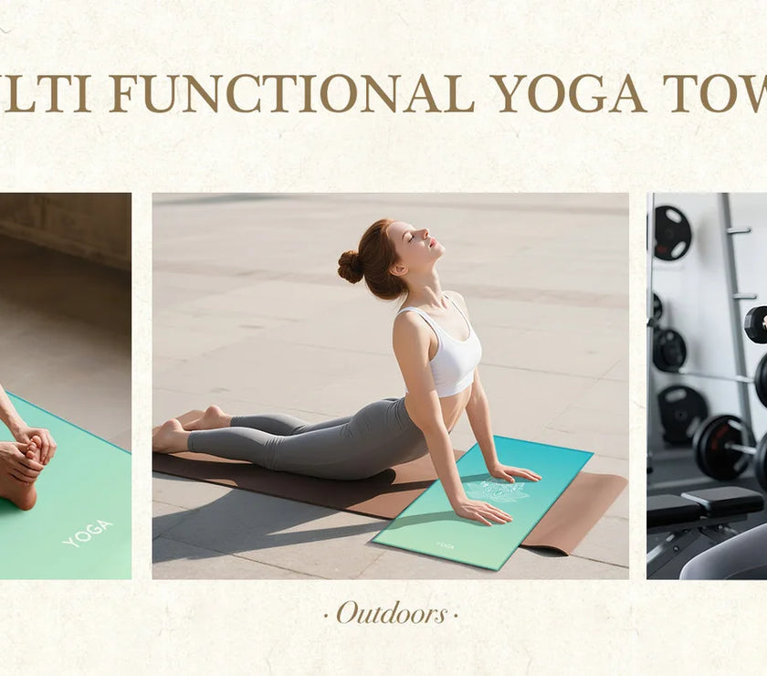 Multifunctional yoga towel being used by people indoors, outdoors, and in a gym.