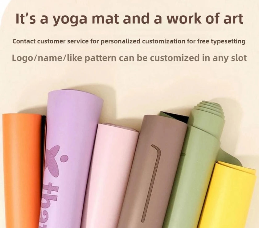 Set of colorful yoga mats on a beige background with text about customization.