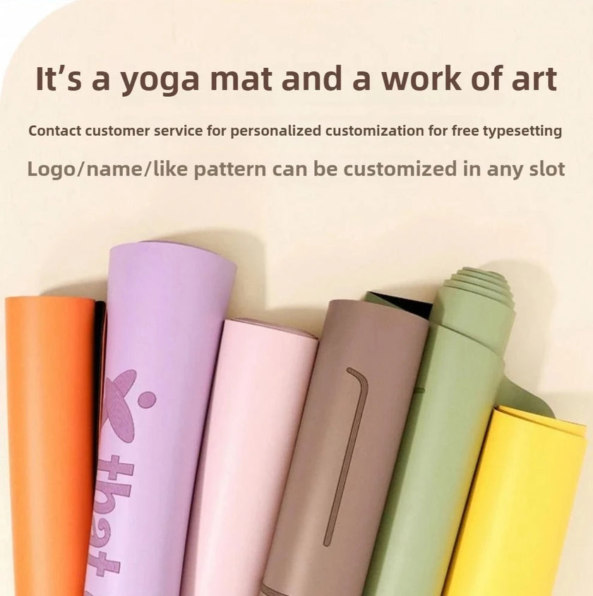 Set of colorful yoga mats on a beige background with text about customization.