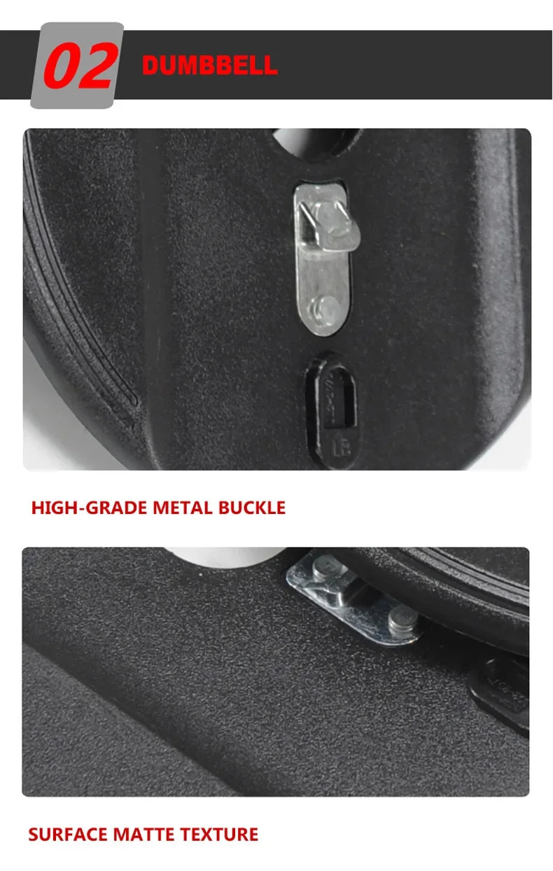 Close-up of a high-grade metal buckle on a black bag with text indicating 'Dumbbell' and 'Surface Matte Texture'.