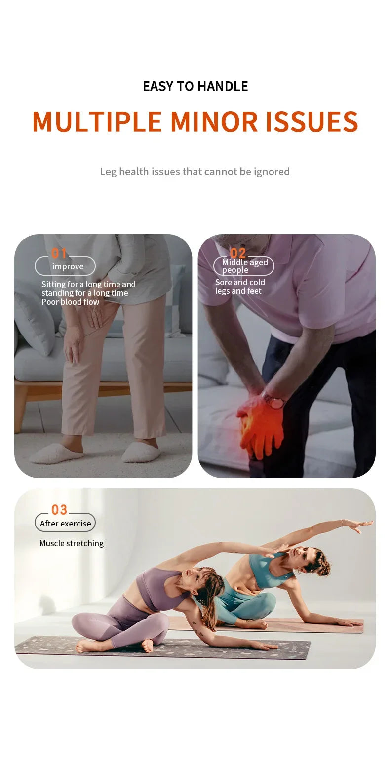 Three images showing a person sitting, another applying a bandage, and two people stretching, with text about health issues.