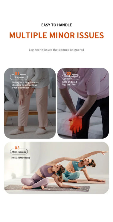 Three images showing a person sitting, another applying a bandage, and two people stretching, with text about health issues.