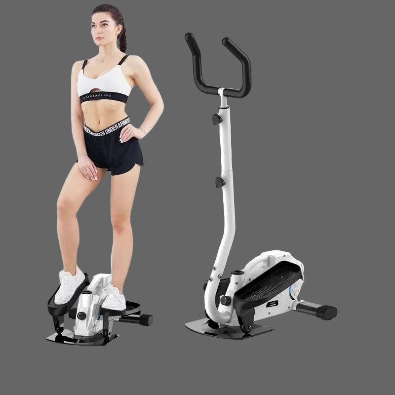 Woman using a compact exercise device with a scenic background