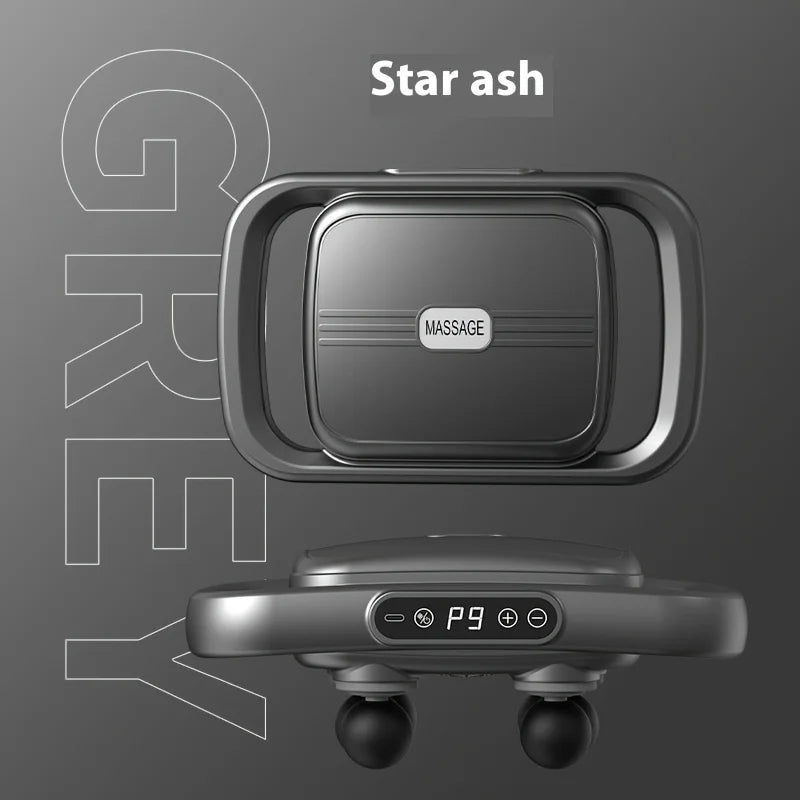 Black massage device with digital display on a dark background