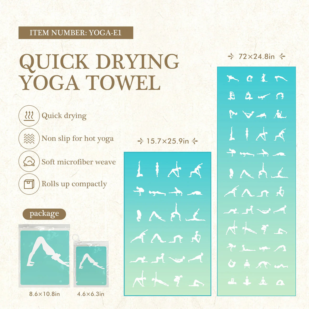 Quick drying yoga towel with product details and illustrations on a white background