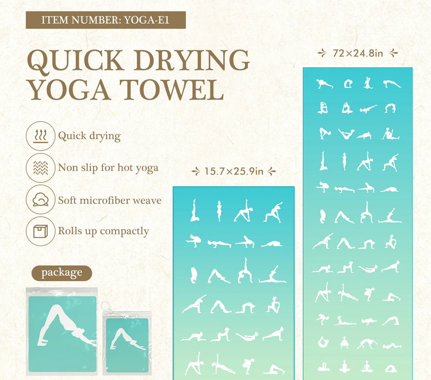 Quick drying yoga towel with product details and illustrations on a white background