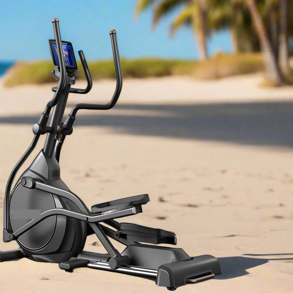 Elliptical machine with 24-speed electric slope, 36-speed resistance adjustment, and a 55cm large step distance. Features a front wheel drive system and is marketed as a commercial-grade, self-generating device.