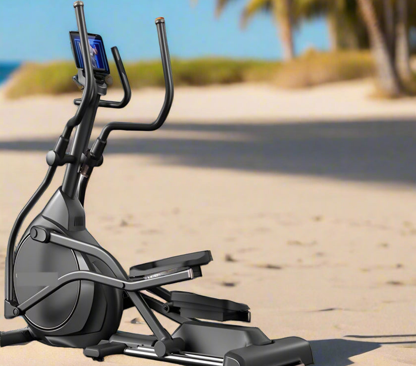 Elliptical machine with 24-speed electric slope, 36-speed resistance adjustment, and a 55cm large step distance. Features a front wheel drive system and is marketed as a commercial-grade, self-generating device.