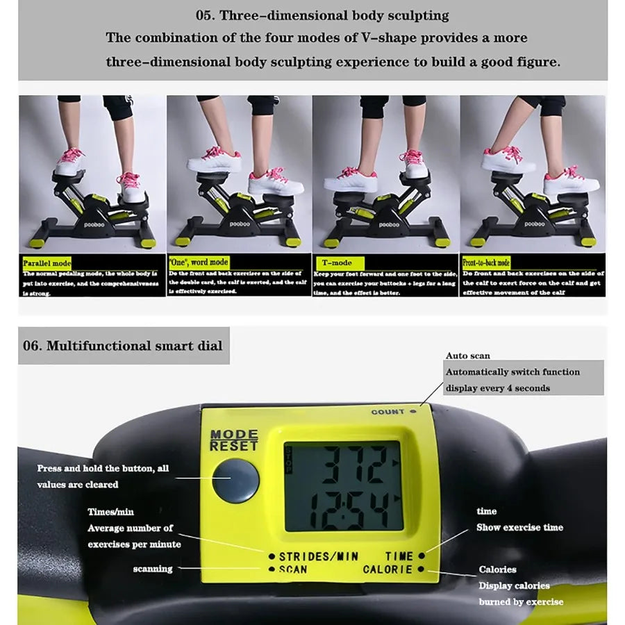 Exercise stepper with digital display and text describing features