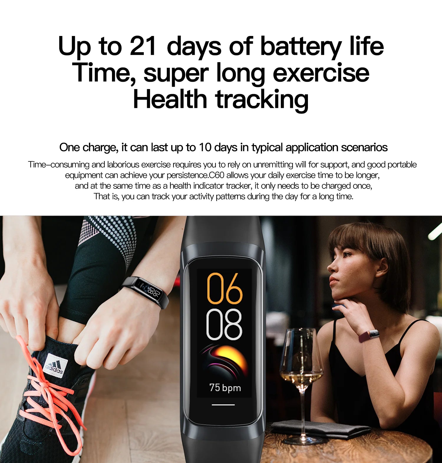 Smartwatch with digital display showing time and heart rate, worn by a person, with text about battery life and health tracking.