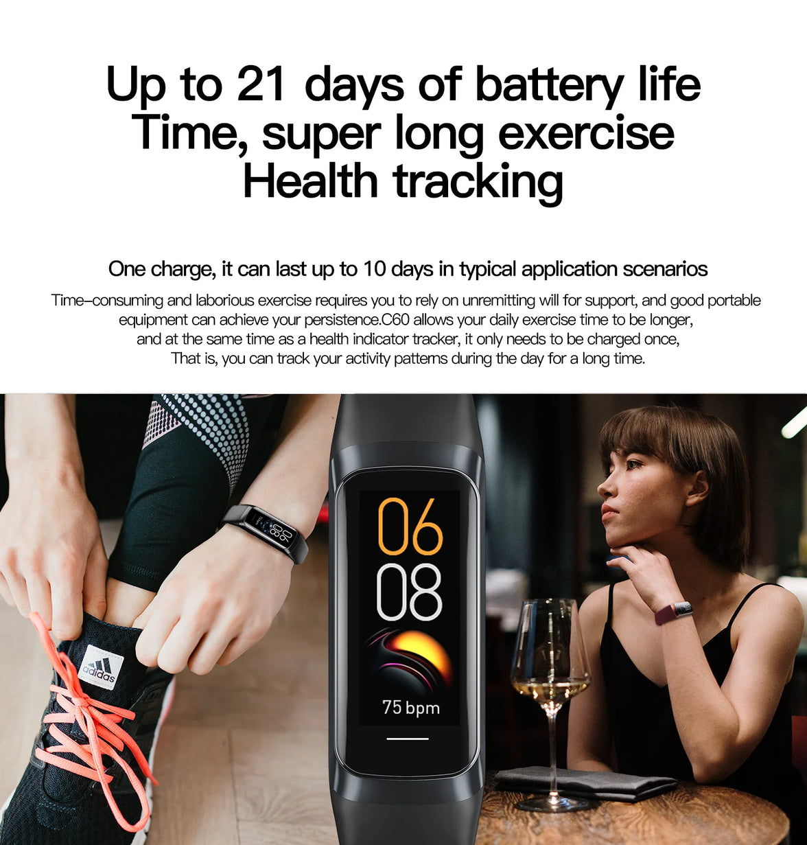 Smartwatch with digital display showing time and heart rate, worn by a person, with text about battery life and health tracking.