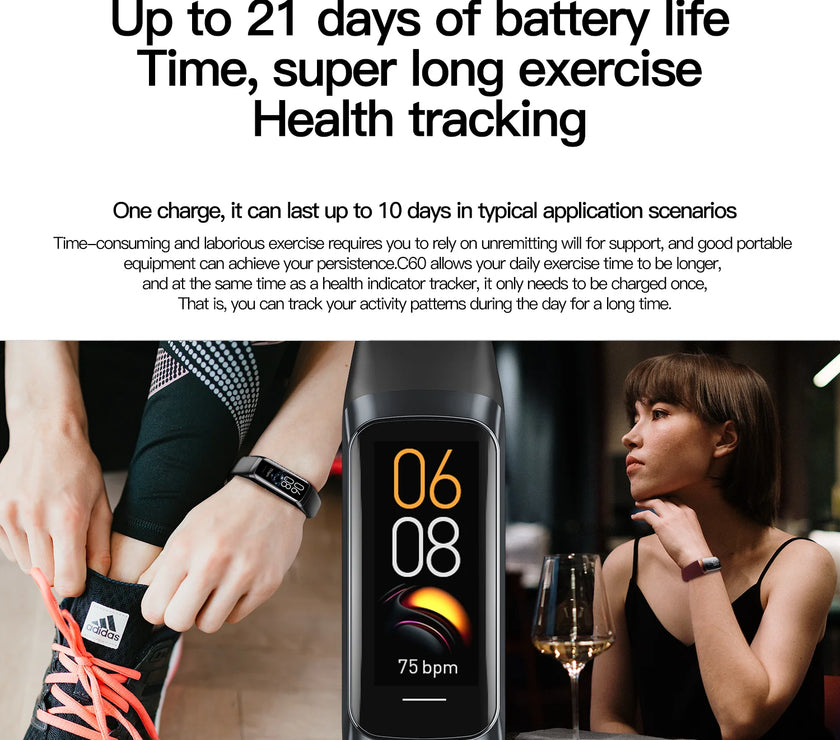 Smartwatch with digital display showing time and heart rate, worn by a person, with text about battery life and health tracking.