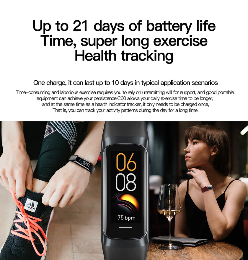 Smartwatch with digital display showing time and heart rate, worn by a person, with text about battery life and health tracking.