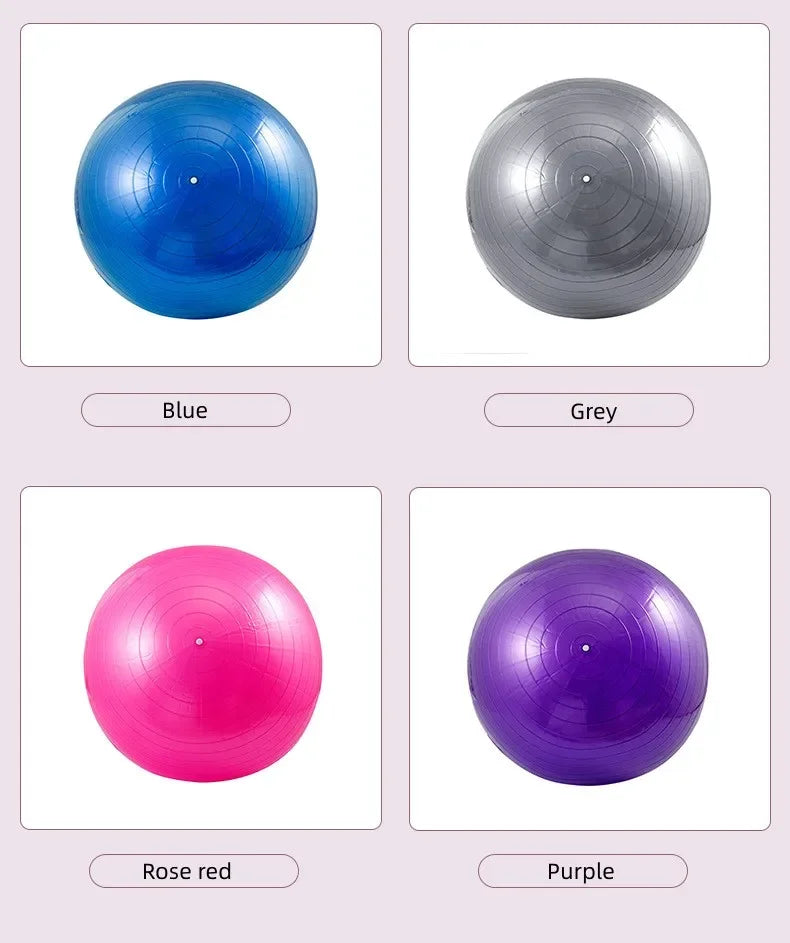 Four exercise balls in blue, gray, rose red, and purple on a light gray background.