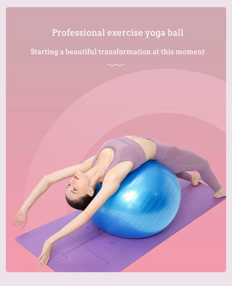 Woman exercising on a blue exercise ball with text about professional exercise yoga ball on a pink background