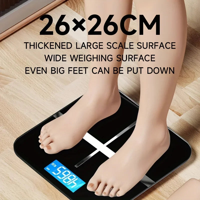 Person stepping on a digital scale with text highlighting its large surface area.