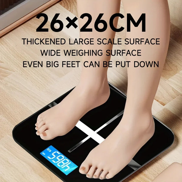 Person stepping on a digital scale with text highlighting its large surface area.