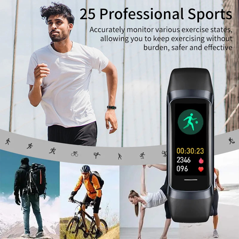 Smartwatch with fitness tracking features displayed, with a man exercising in the background.