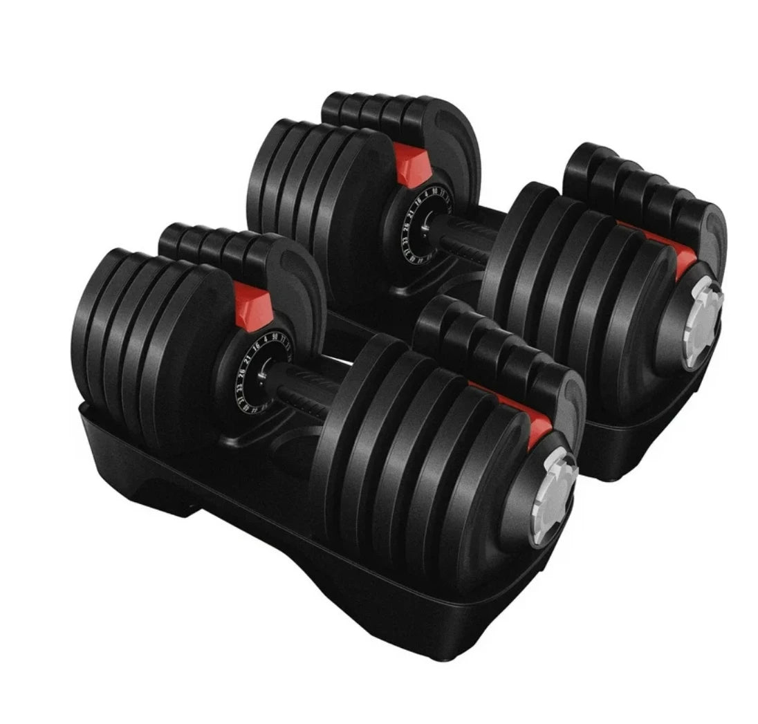 Pair of adjustable dumbbells on a white background