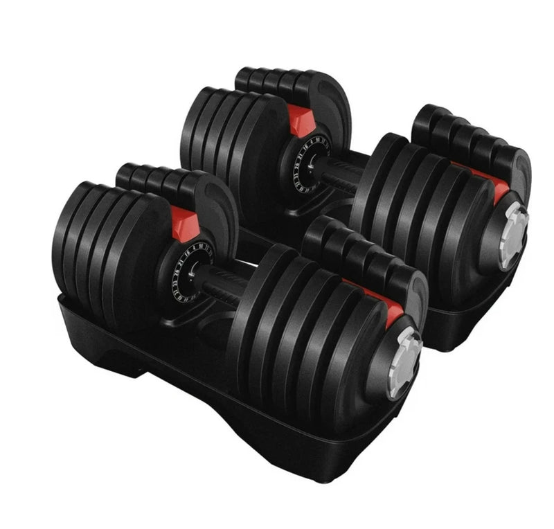 Pair of adjustable dumbbells on a white background