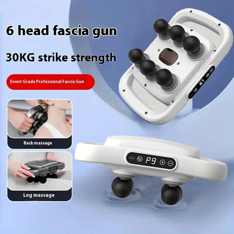 Fascia gun with multiple heads and massage functions on a blue background