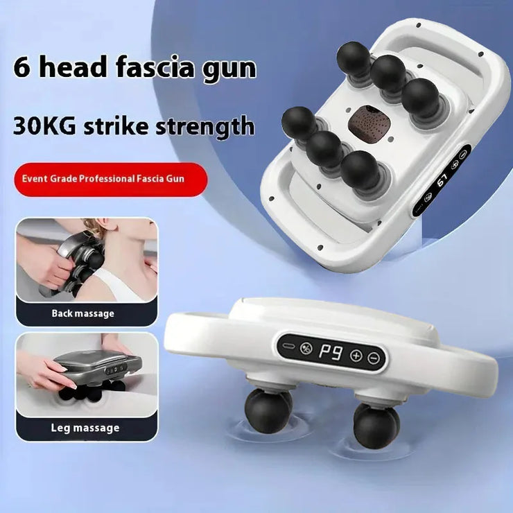Fascia gun with multiple heads and massage functions on a blue background