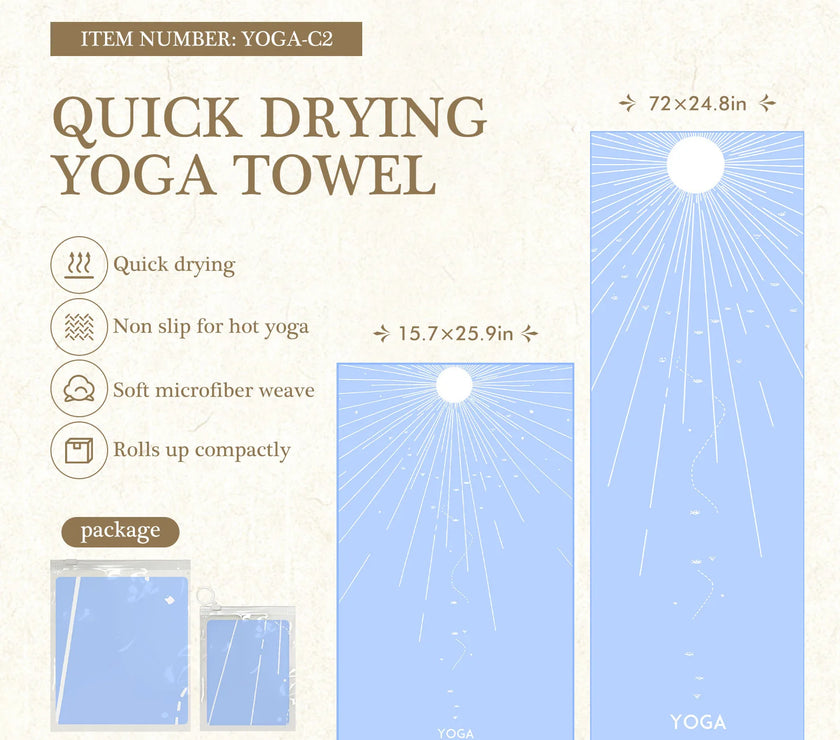 Quick drying yoga towel packaging with product details and dimensions.