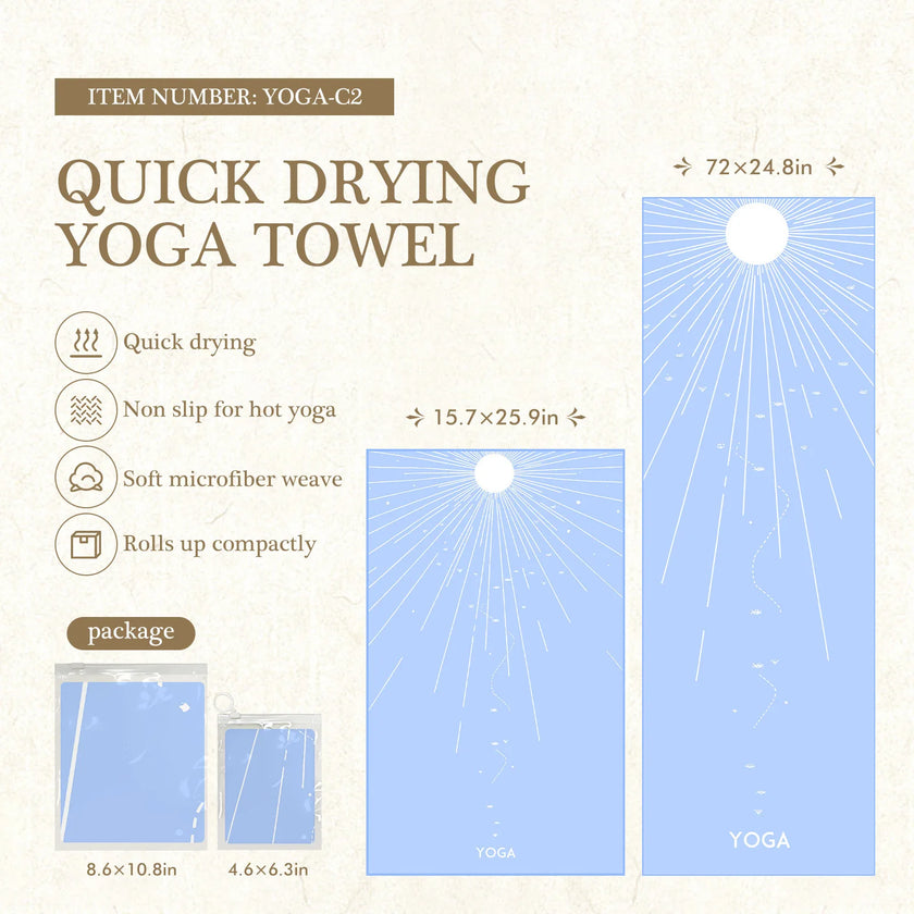 Quick drying yoga towel packaging with product details and dimensions.