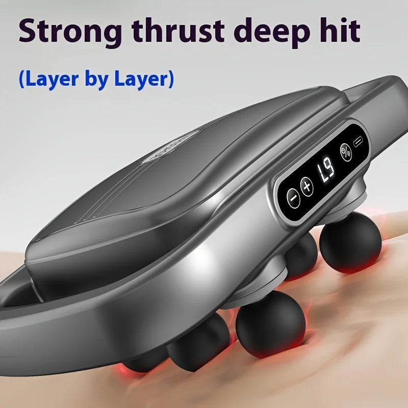 Massage device with digital display on a hand, labeled 'Strong thrust deep hit (Layer by Layer)'.