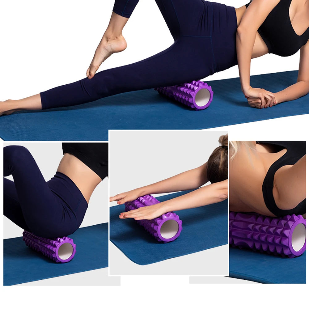 Person using a purple foam roller on a blue mat with close-up shots of the roller.