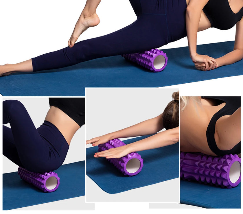 Person using a purple foam roller on a blue mat with close-up shots of the roller.