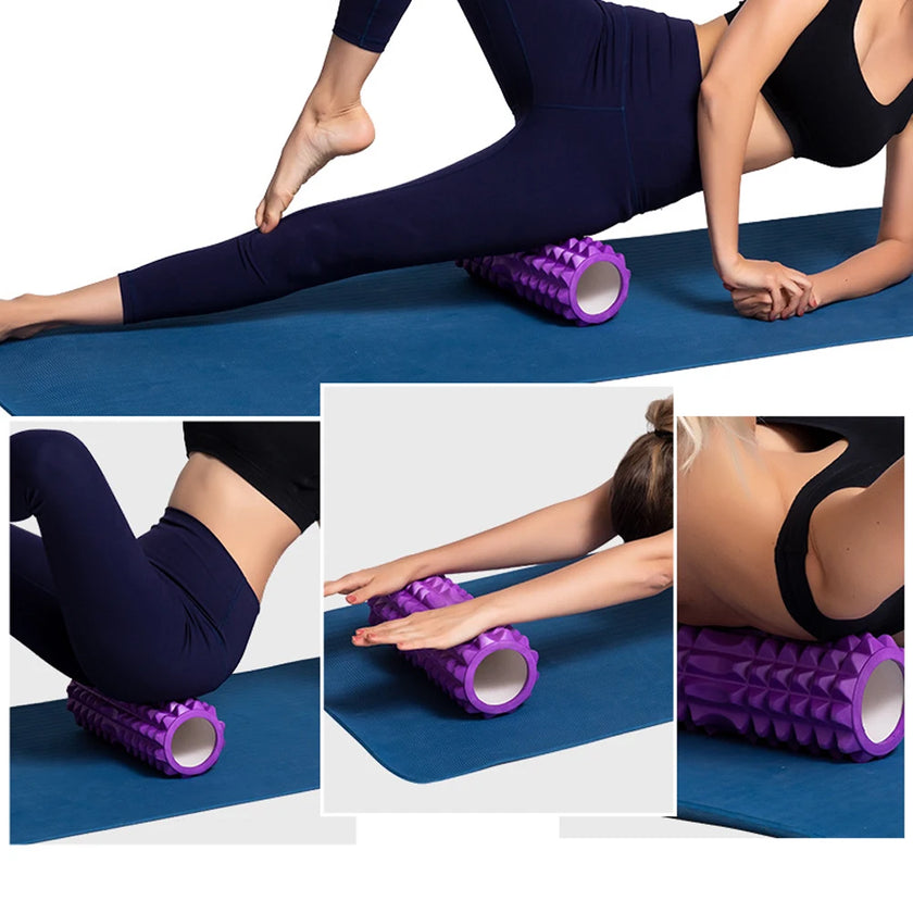 Person using a purple foam roller on a blue mat with close-up shots of the roller.