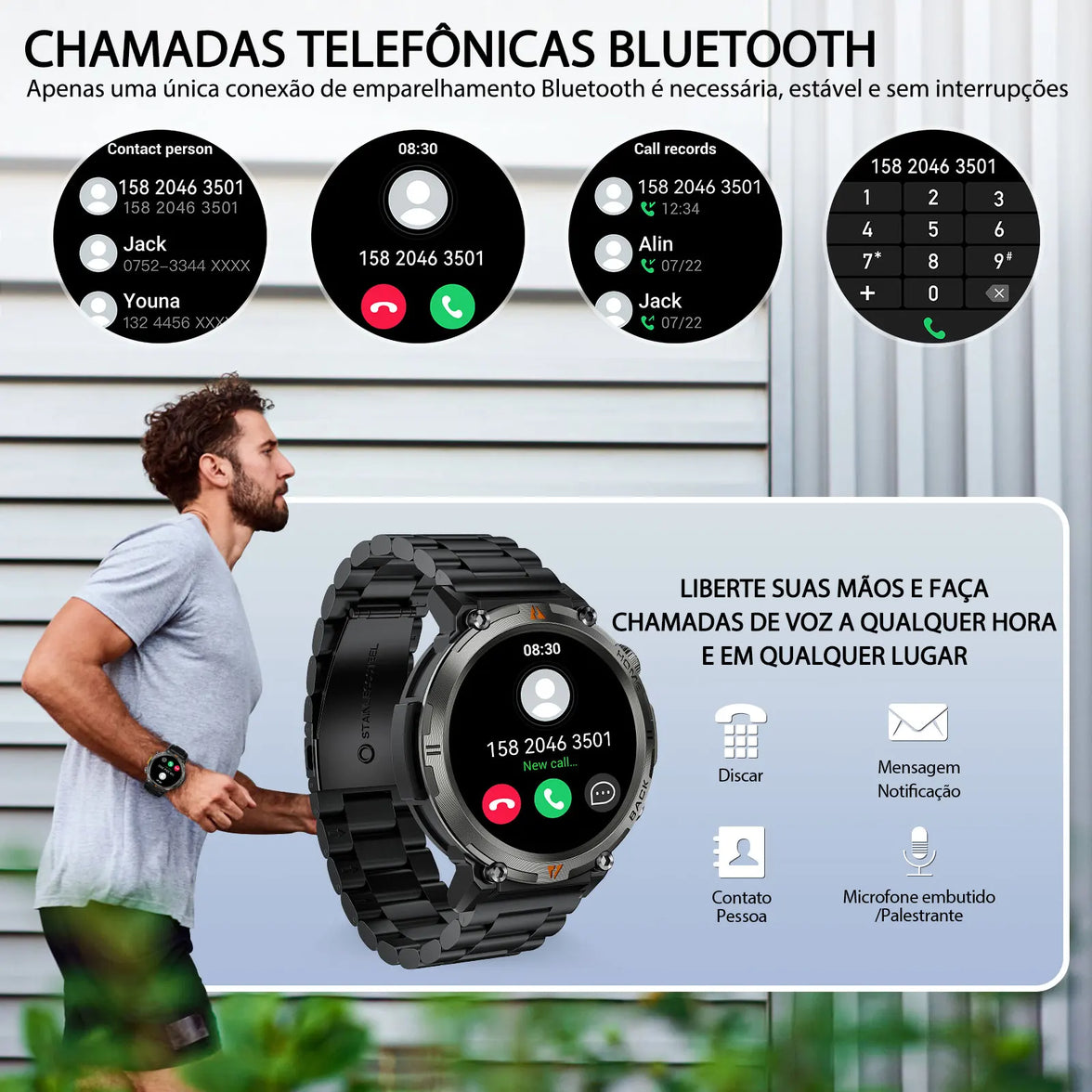 Smartwatch with Bluetooth calling features displayed on a screen, with a man walking outdoors.