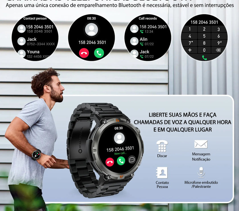 Smartwatch with Bluetooth calling features displayed on a screen, with a man walking outdoors.