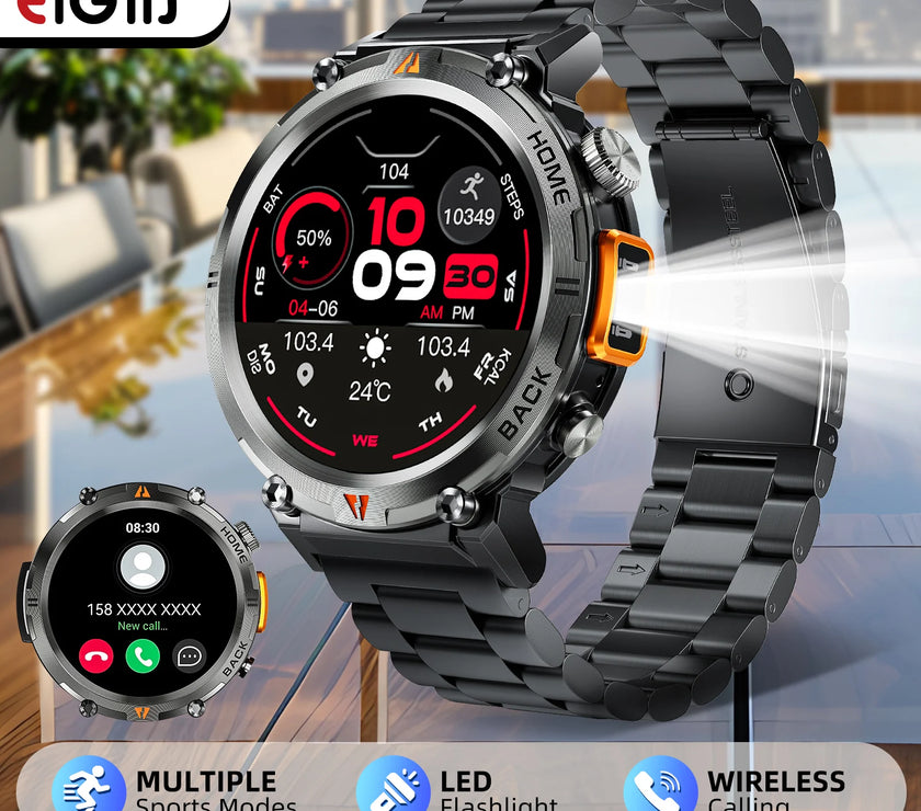 Smartwatch with metal band on a blurred indoor background, featuring the brand 'eIGiis'.