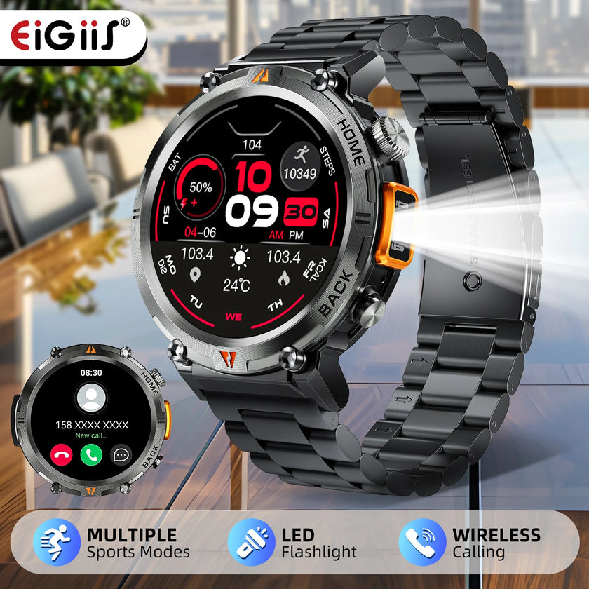 Smartwatch with metal band on a blurred indoor background, featuring the brand 'eIGiis'.