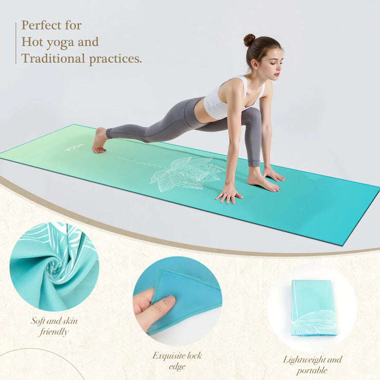 Woman practicing yoga on a green mat with product features highlighted.