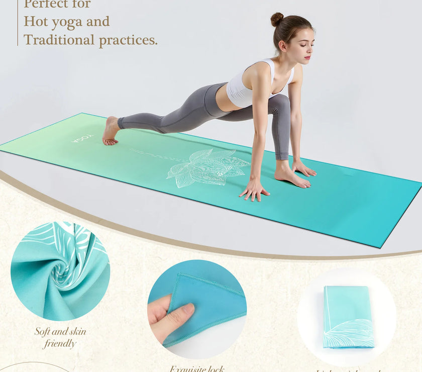 Woman practicing yoga on a green mat with product features highlighted.
