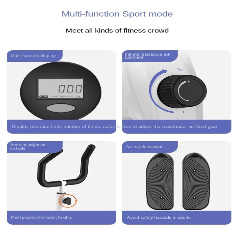 Multifunctional sports device with digital display, resistance control, adjustable handle, and slip-resistant pedals on a white background.