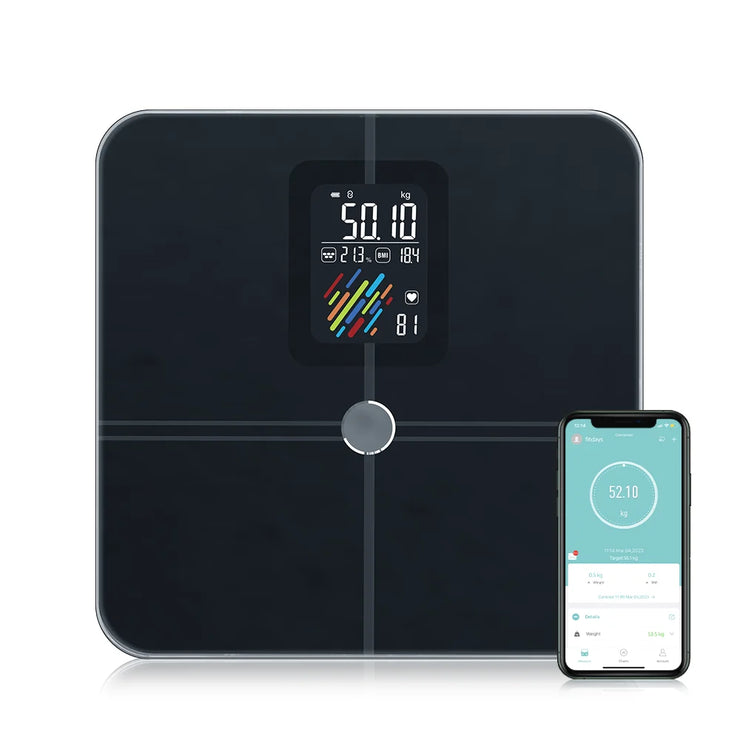 Smart bathroom scale with digital display and smartphone app on a white background