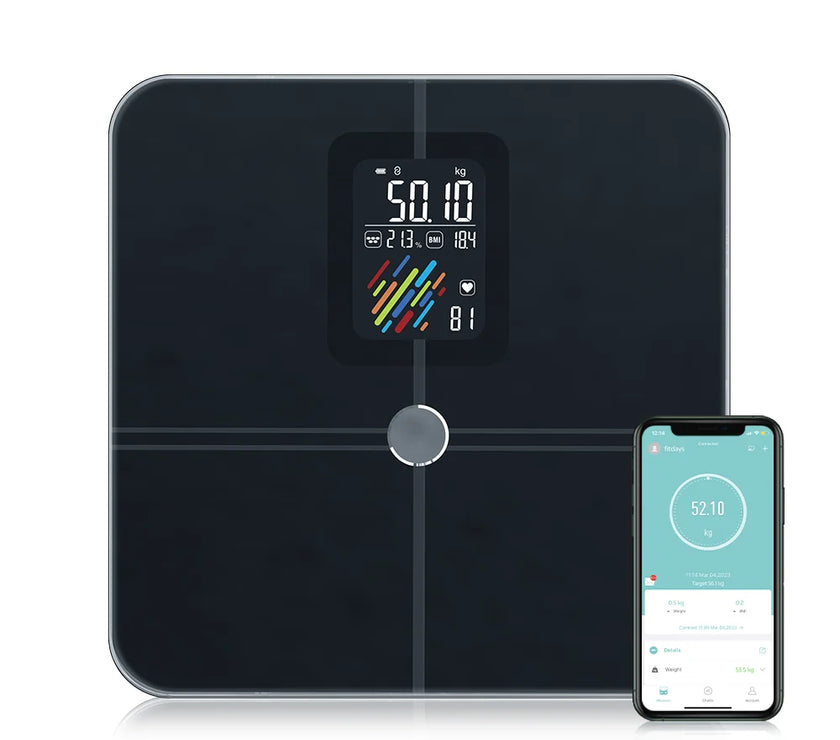 Smart bathroom scale with digital display and smartphone app on a white background
