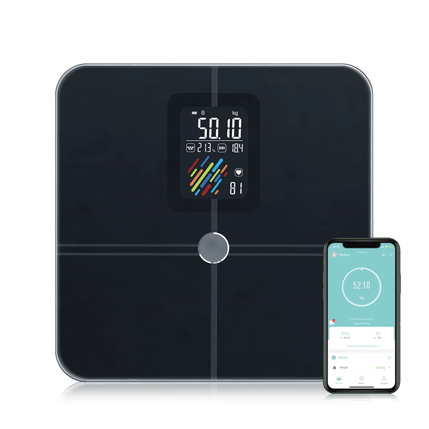 Smart bathroom scale with digital display and smartphone app on a white background