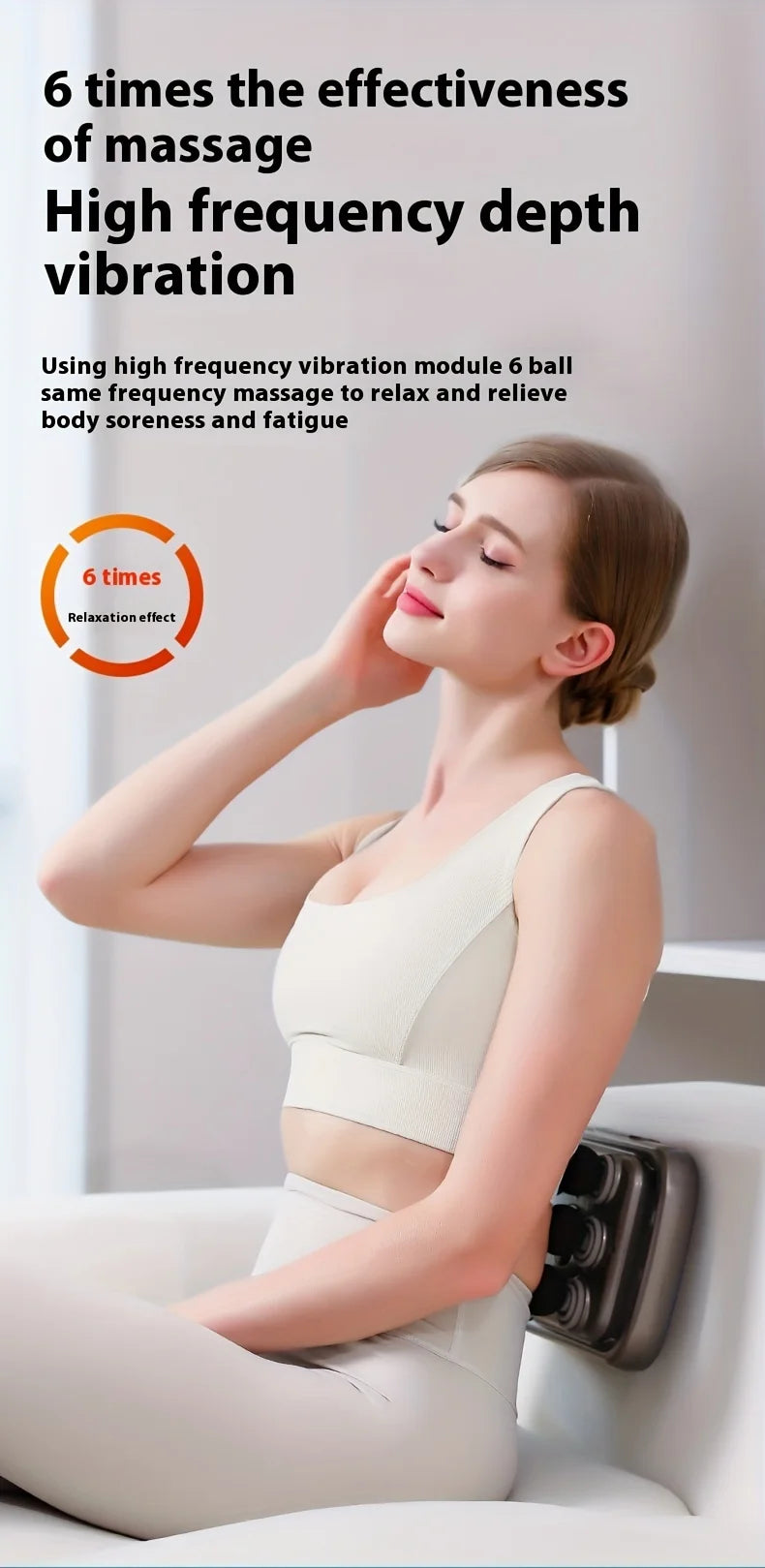 Woman using a high-frequency vibration module to relax and relieve body soreness and fatigue.