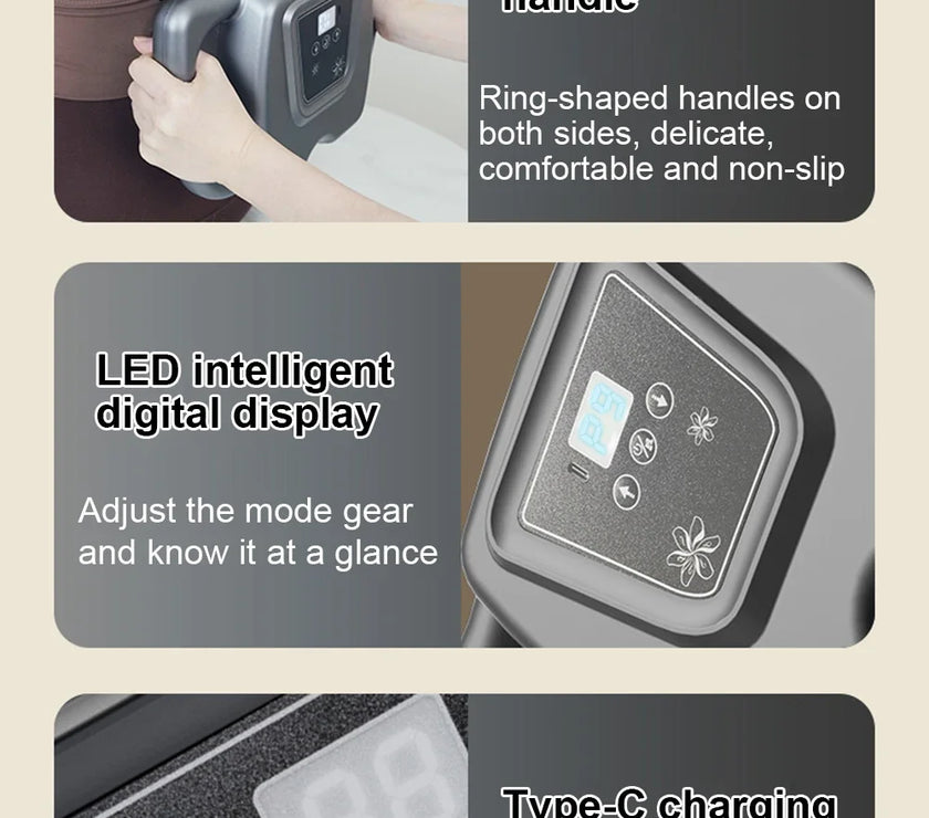 Product details of a device with anti-slip handle, LED display, and Type-C charging on a beige background.
