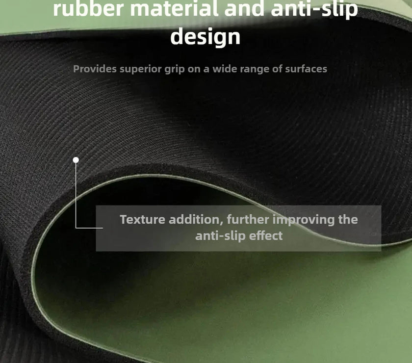 Close-up of green and black textured material with text about high friction coefficient and anti-slip design.