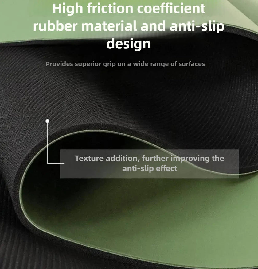 Close-up of green and black textured material with text about high friction coefficient and anti-slip design.