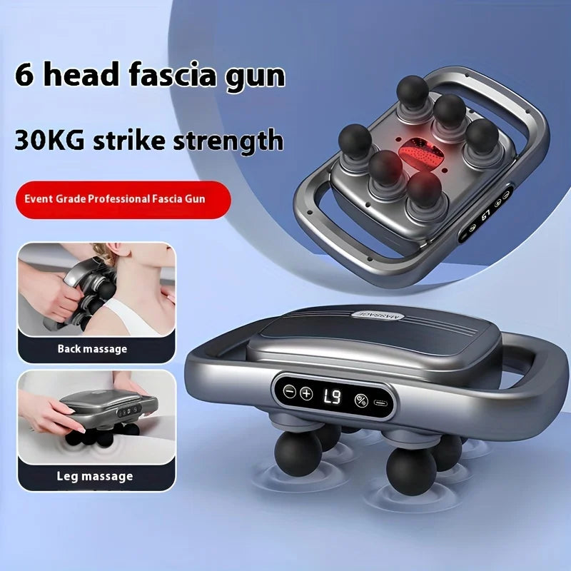Fascia gun with 6 heads and 30KG strike strength on a blue background