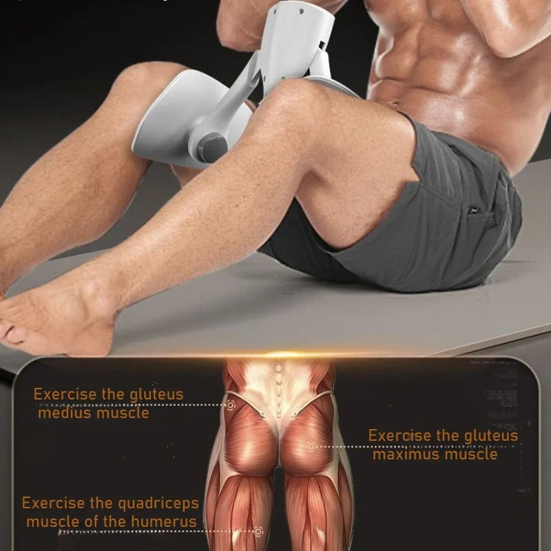 Person using a leg exercise machine with anatomical diagram of muscles.