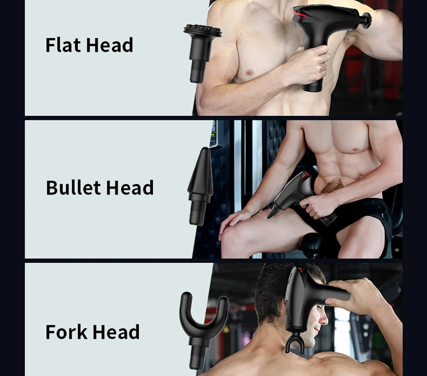 Comparison of different massage gun heads with labels on a black background