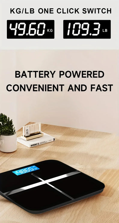 Digital weight scale displaying weight conversion between kilograms and pounds on a wooden surface.